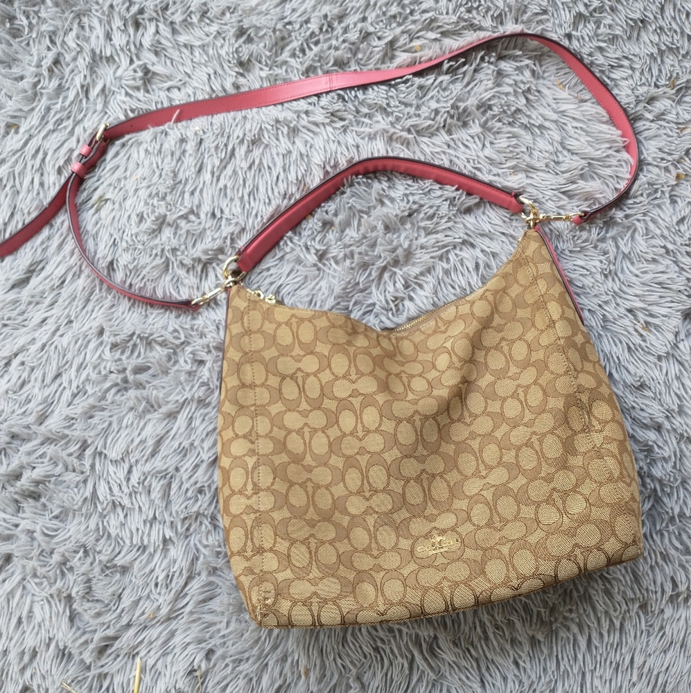 Coach Tan Signature Canvas Hobo with Pink Leather Coach Bag